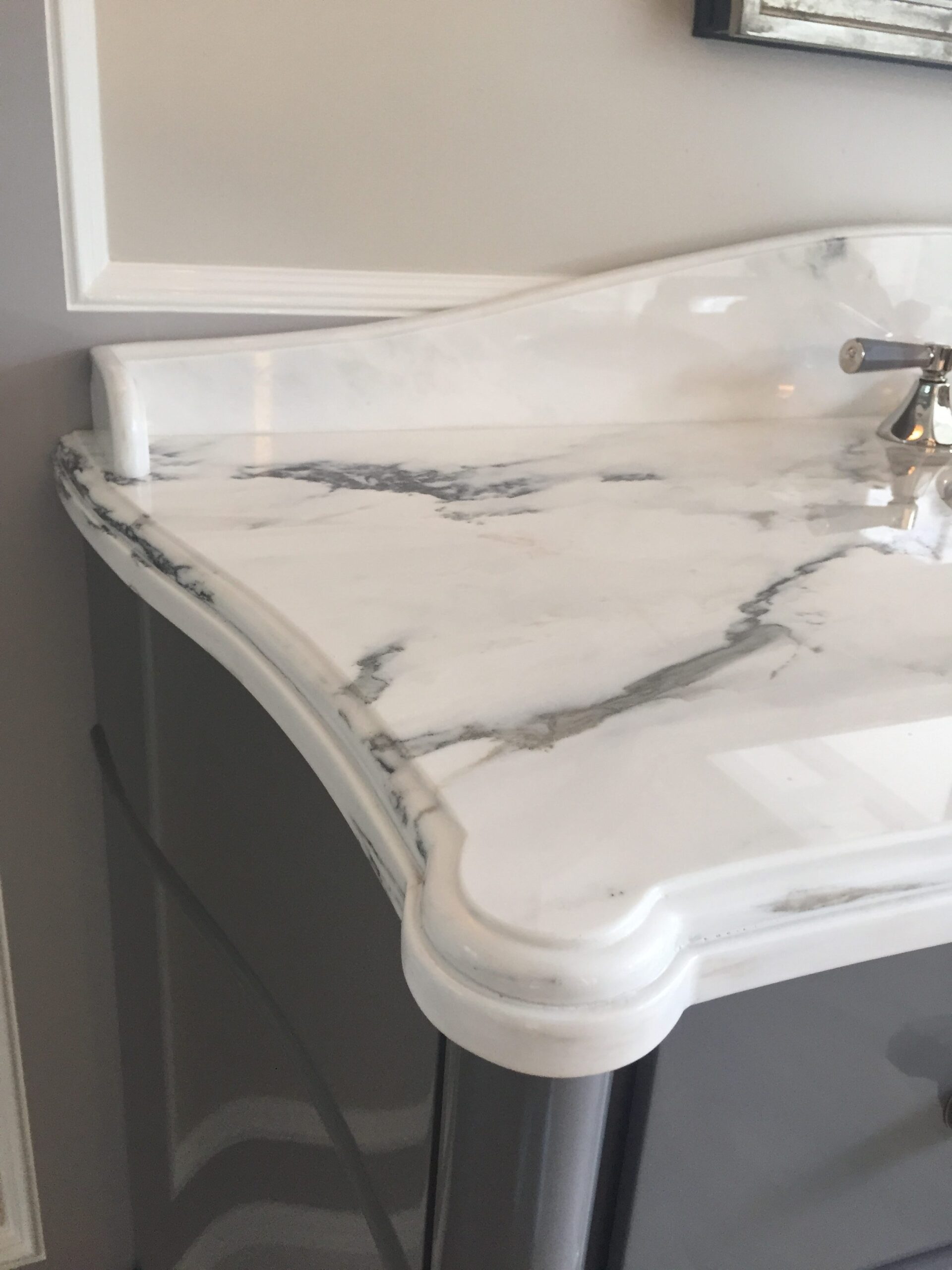 Paonazzo white marble sink top custom edge