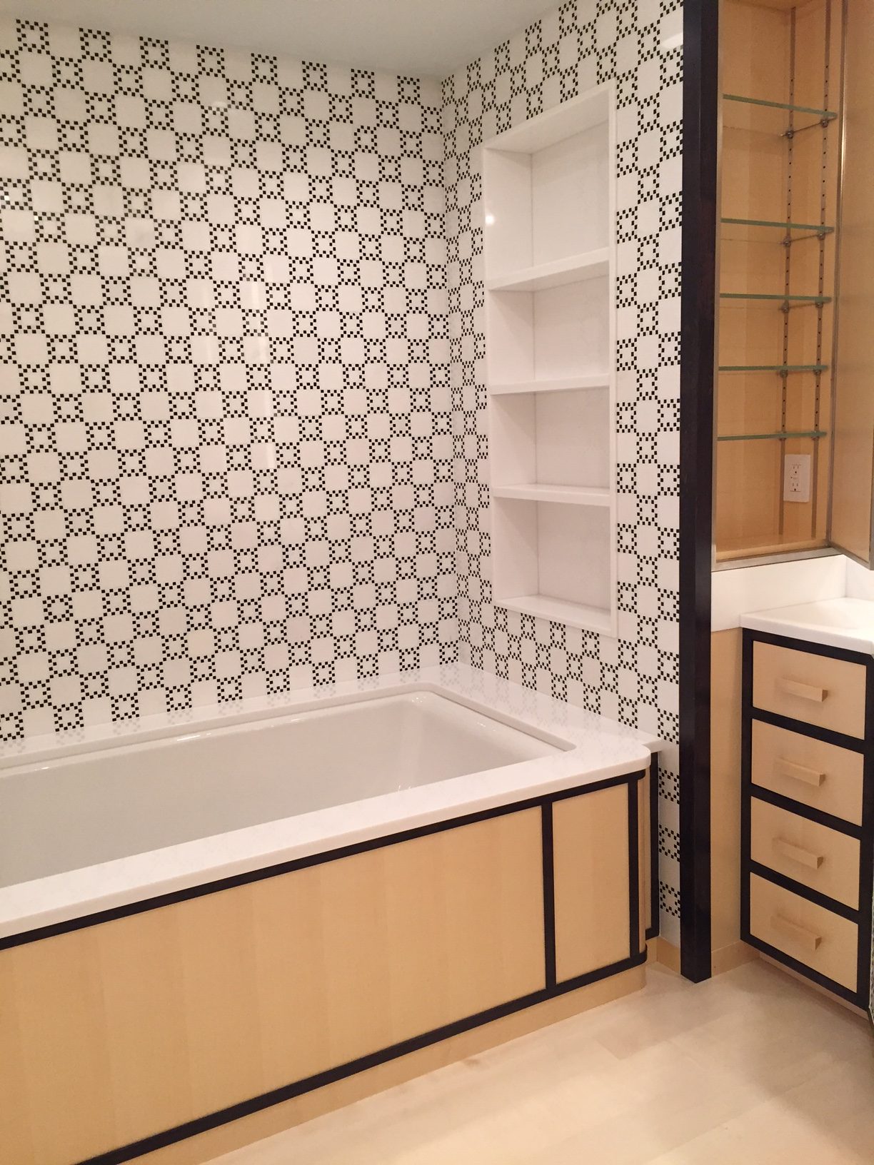 Master bathroom with custom belgium black and white thassos checkerboard