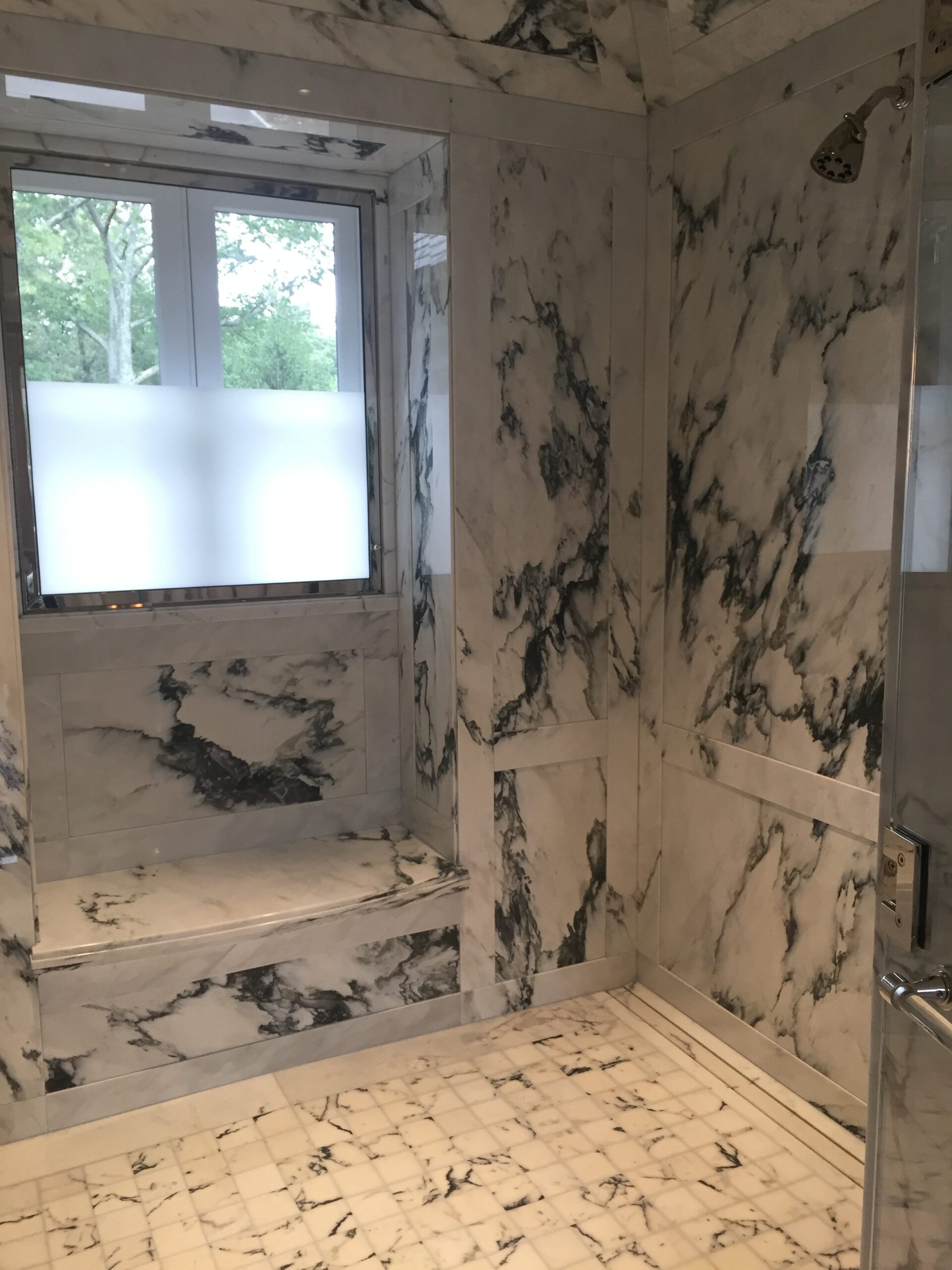 Paneled shower window bench niche, floor, walls and ceiling in paonazzo white marble