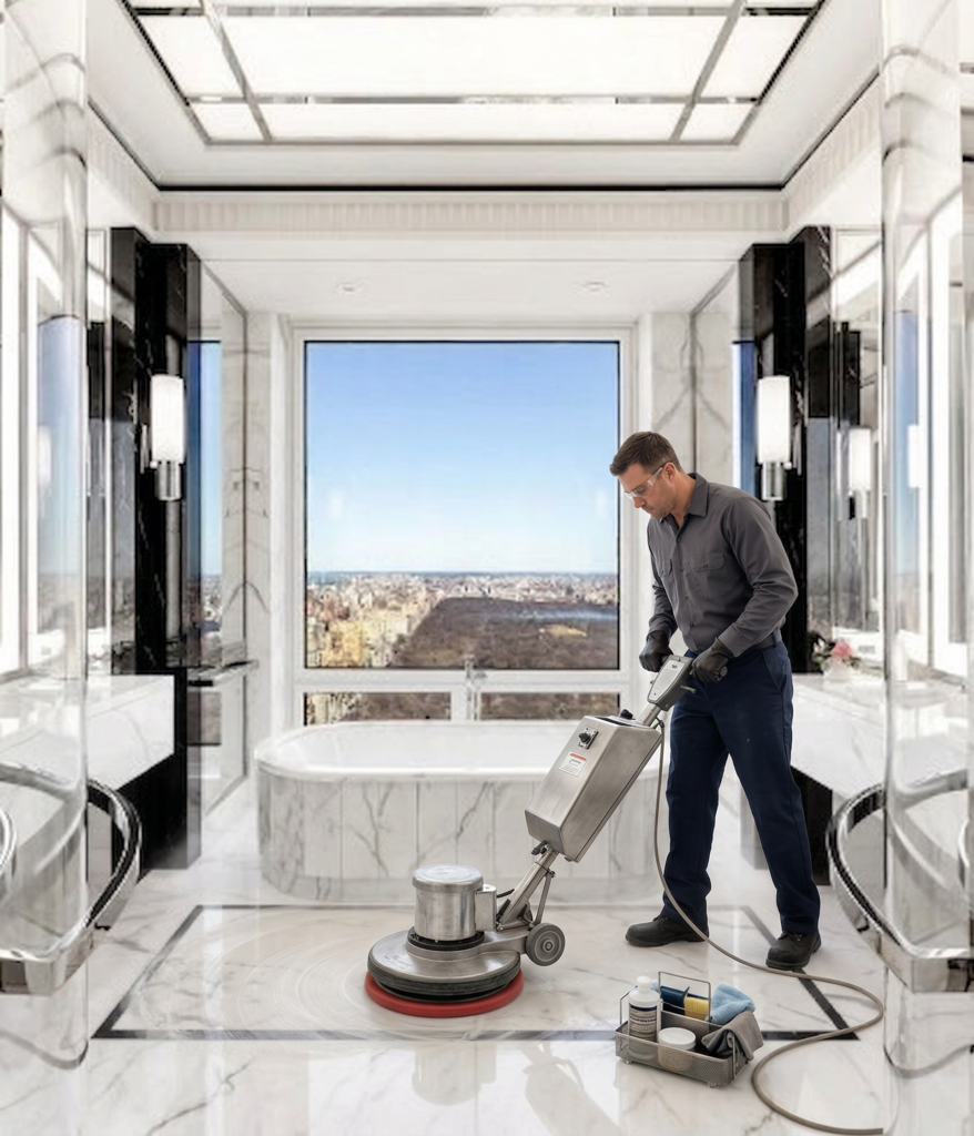 Polishing a marble bathroom floor at 220 CPS in NYC