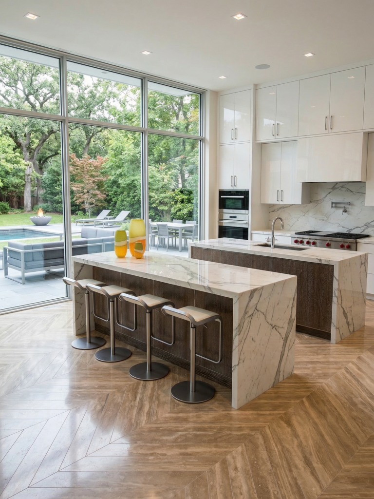 Amazing two island calacatta kitchen with travertine herringbone floor