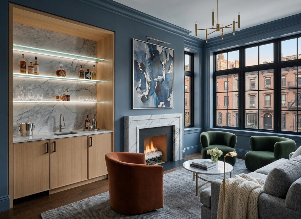 Den with marble mantel and marble bar top with backplash