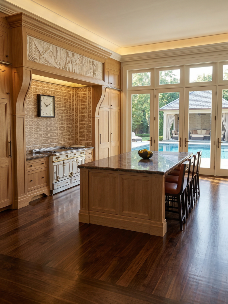 European inspired kitchen with plaster details above marble mosaic panelled wall.