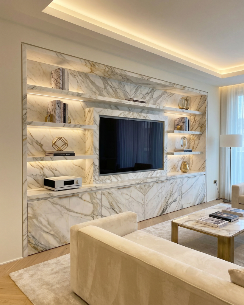 NYC den with calacatta macchia vecchia tv unit