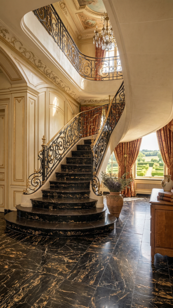 NYC duplex penthouse with two color marble staircase and black & gold floor