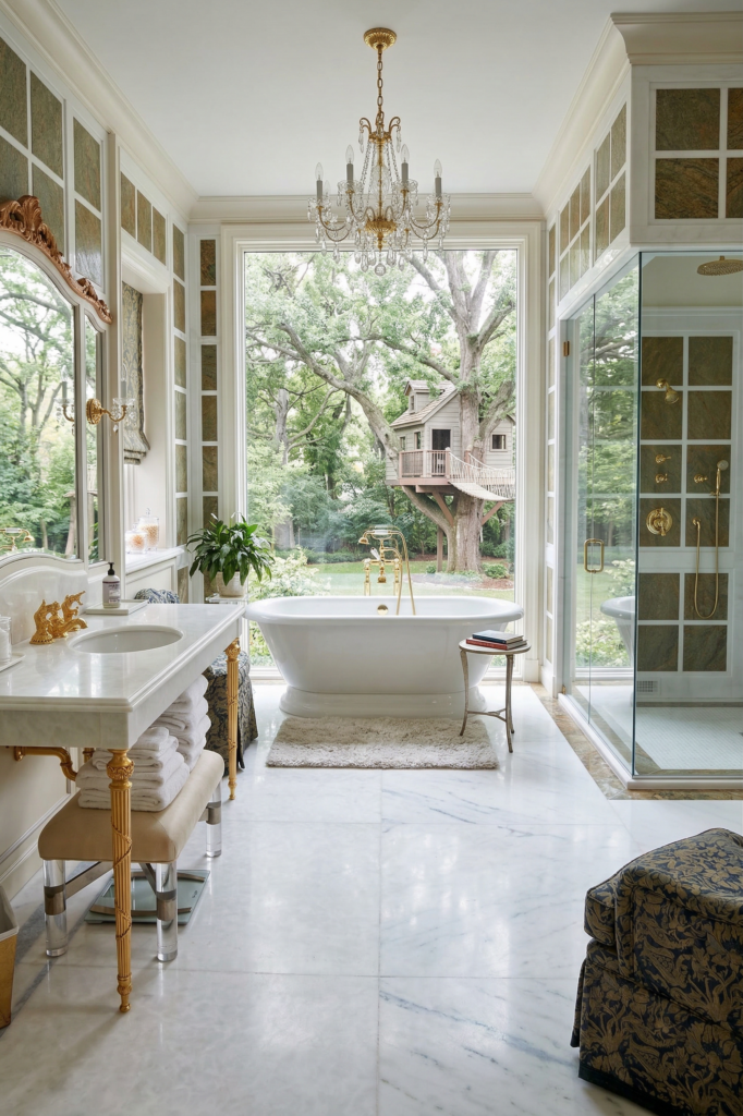 Primary bath with marble slab and tile in a New Jersey estate