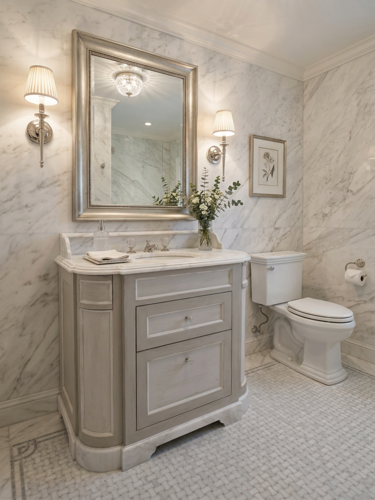 Simply elegant New Jersey powder room in marble mosaic and slab walls