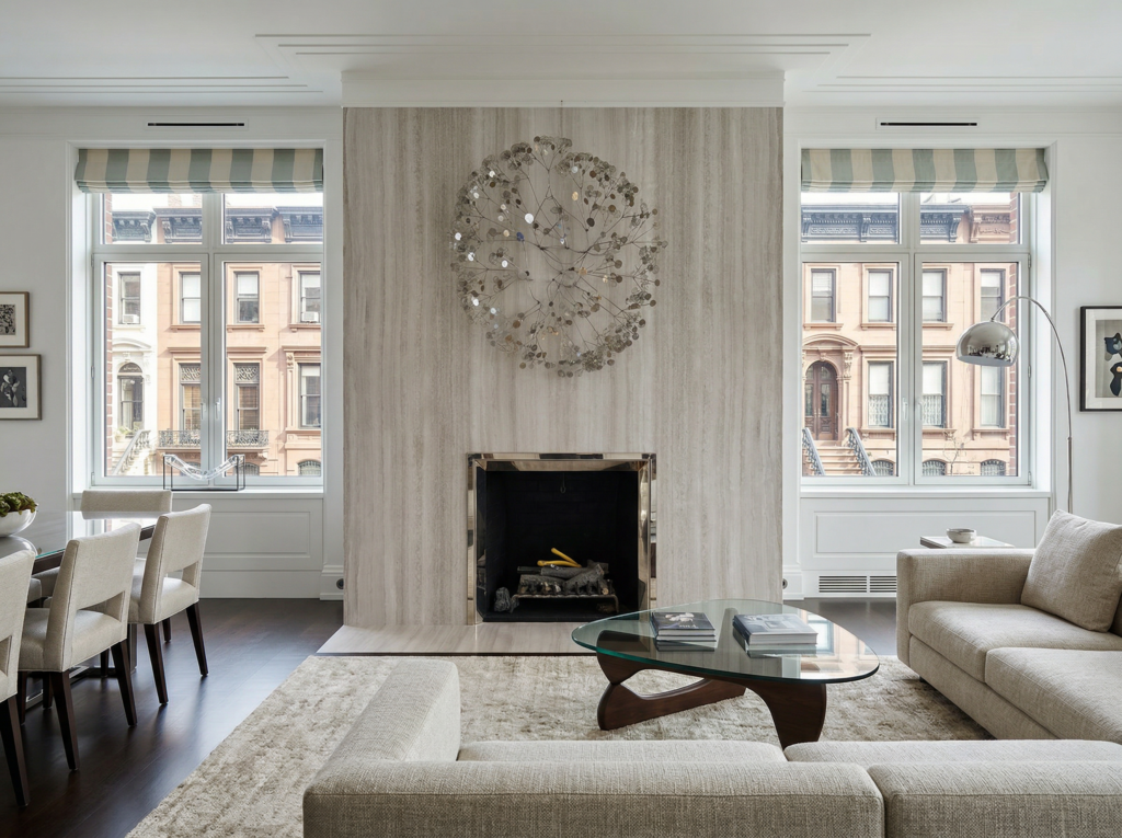 West Side NYC full floor apartment with floor to ceiling wraping fireplace with chrome firebox surround