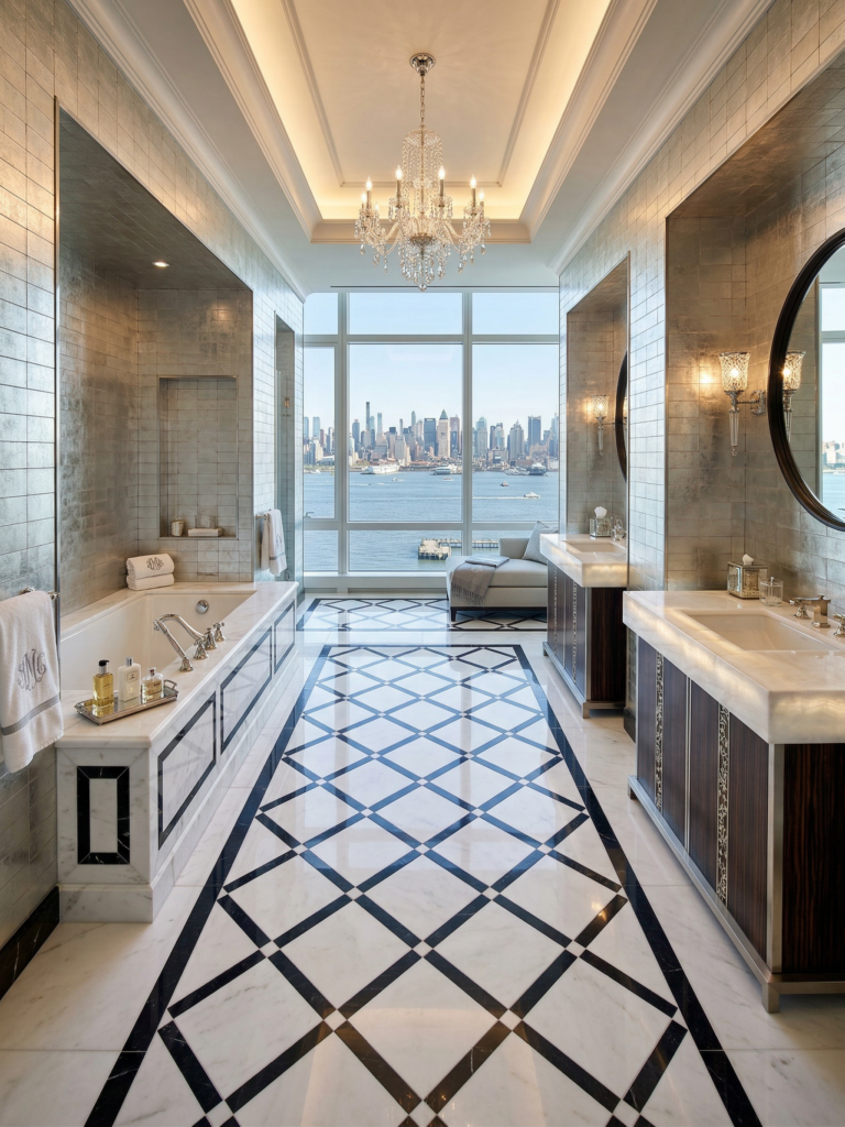 White thassos and belgium black marble primary bathroom in NYC